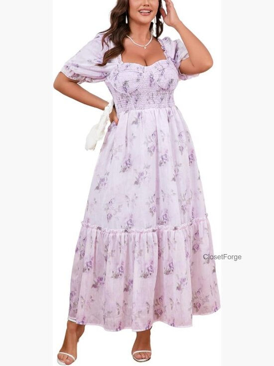 Dresses & Skirts - Plus Size Floral Maxi Dress Puff Sleeve Smocked Corset Cottagecore